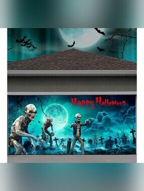 Halloween Zombie Garage Door Cover - Large Double 7x16 ft Banner Backdrop Mural